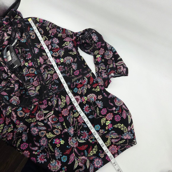 Avenue Bohemian Print Top 26/28 Black Paisley Daisy Lace Trim Bell Sleeve Boho - Picture 8 of 8